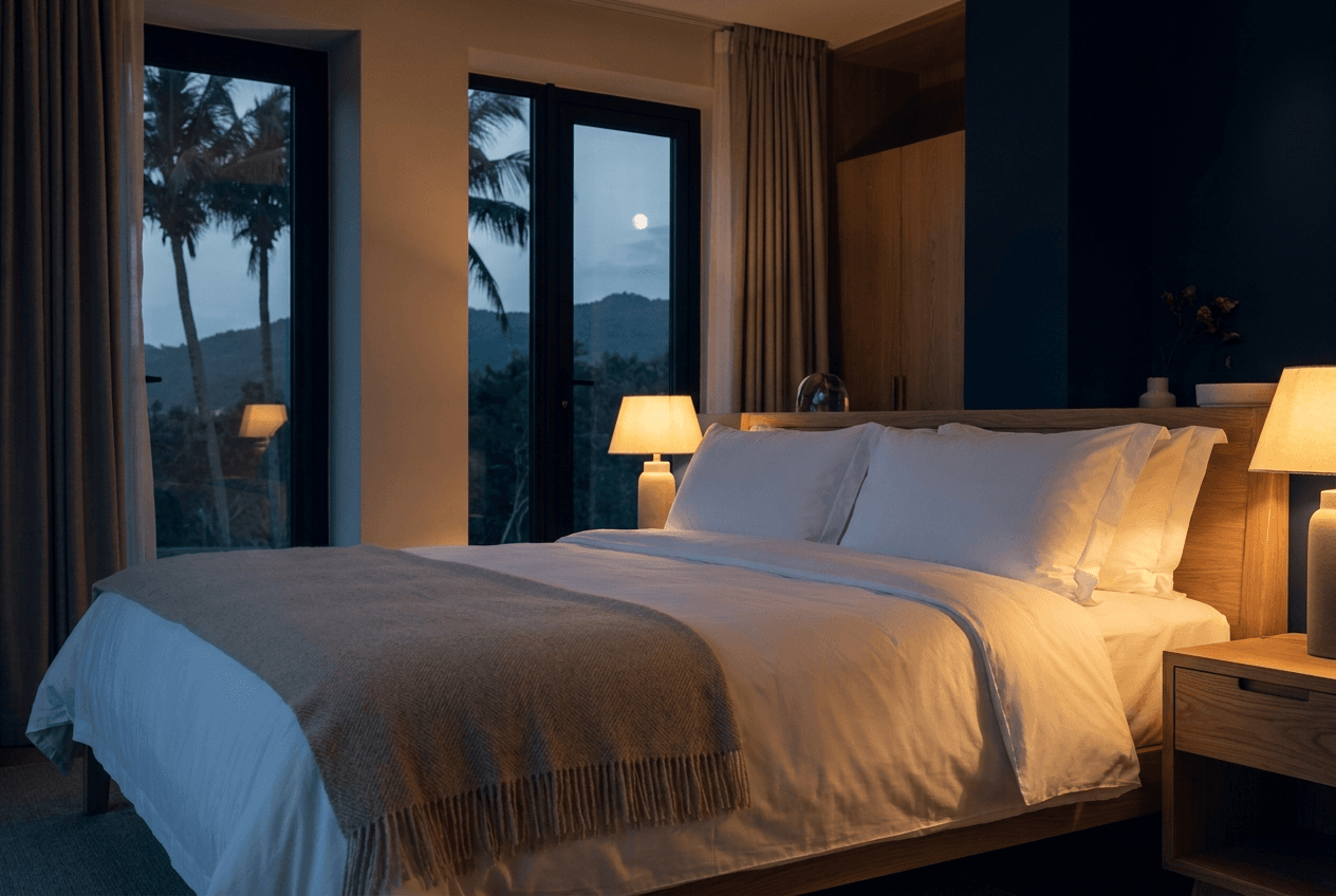 A luxury villa bedroom at dusk, dressed in crisp white hotel linen