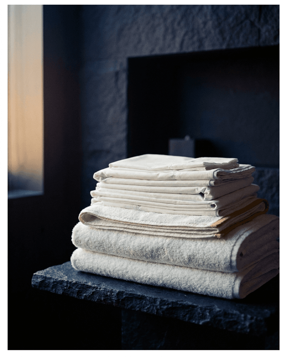 A stack of crisp folded hotel-grade linen and terry towels in soft light