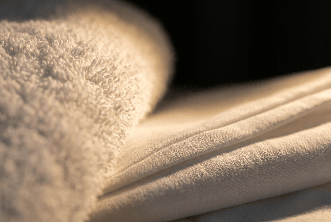Macro detail of premium terry cotton towel and crisp cotton sheeting